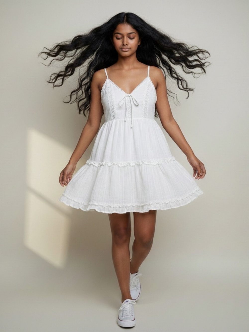 MI AMI Lined White Cotton Tiered Sun Dress L Francesca's Smocked Back Lace Boho